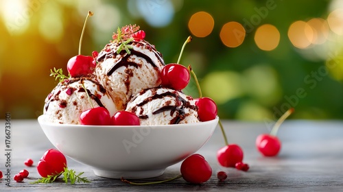 Ice cream dessert with cherries in white bowl close up