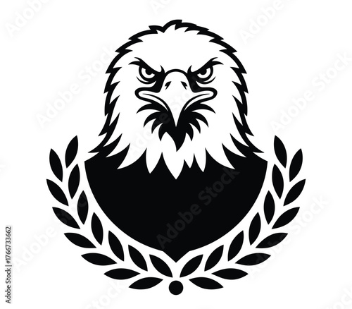 A striking black and white silhouette of an eagle's head, framed by a laurel wreath