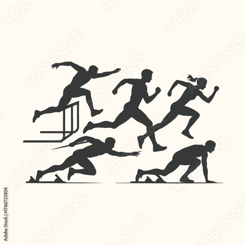 Vector art of athletes in silhouette racing on a track, some jumping hurdles and others starting from blocks, conveying speed and competition