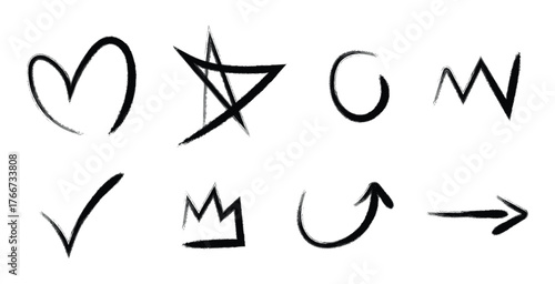 A collection of rough, hand-drawn doodle icons in a black silhouette style against a white background.