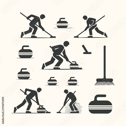 Vector art of collection of stylized black silhouette icons representing the sport of curling, including players sweeping and delivering stones, isolated on a light background