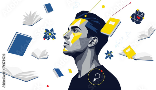 WebStudent surrounded by knowledge and learning symbols in an educational concept art