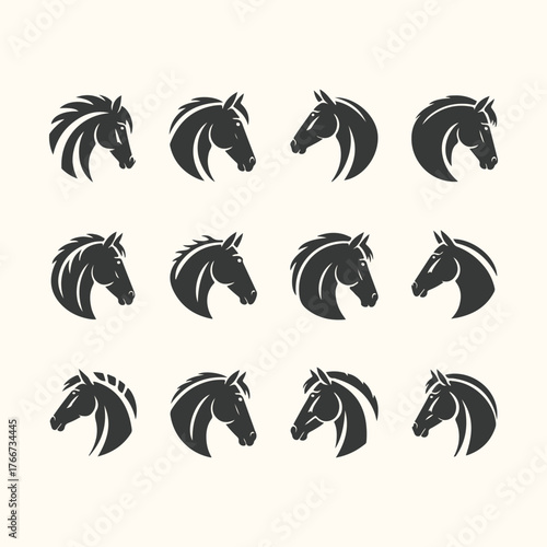 Vector art of collection of twelve stylized horse head icons, each showcasing a unique profile and mane design, isolated on a plain background