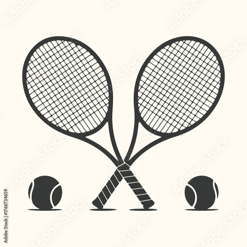 Vector art of two crossed tennis rackets and two tennis balls on a light background, representing the sport of tennis and athletic competition