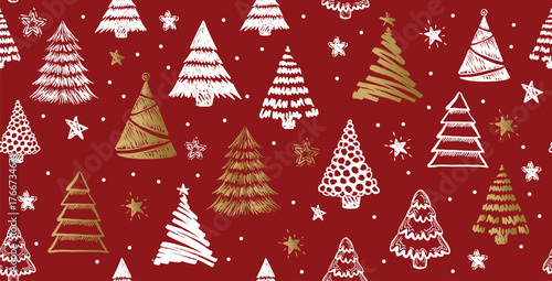Christmas tree white on red, hand drawn illustrations.	
