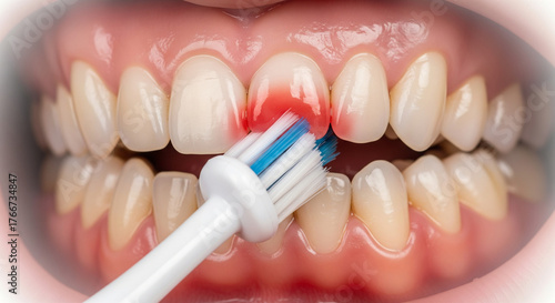 Macro Dentistry Photo – Teeth and Inflamed Gums Close-up with Toothbrush