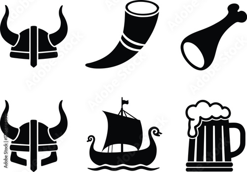 Viking symbols beer mug helmets ship drinking horn ham festive norse heritage icons