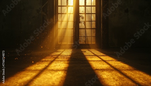 Sunlit multi-pane glass doors casting grid-like shadows in abandoned room, with dusty beams