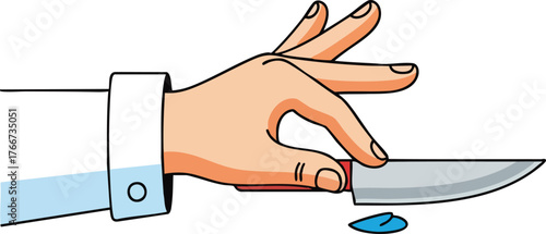 A Pixelated Hand in a Blue Shirt Sleeve Holds a Silver Knife with a Red Handle Over a Blue Liquid Splatter