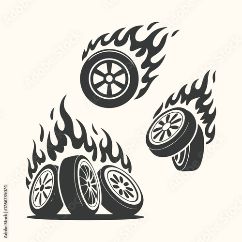 Vector art of set of burning car wheels with flames, symbolizing speed, power, and automotive passion, isolated on a light background