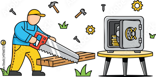 Illustrator Constructor Sawing Wood Next To Open Safe With Coins Stacked Inside