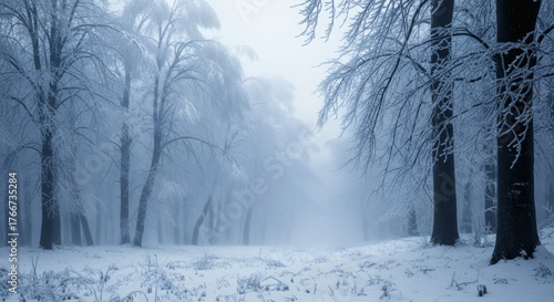 A frozen forest after snowfall, ice-covered trees standing in thick fog, monochromatic blue-white color scheme, magical winter wonderland