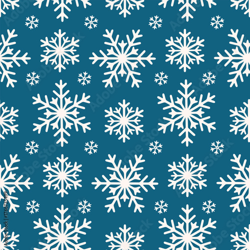 Winter Snowflake Seamless Pattern Repeat on Blue Background