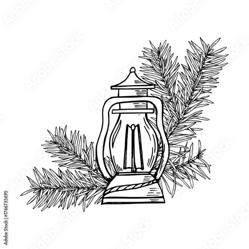 Monochrome vector decorative electric table lantern and spruce branch outline drawing. Christmas pine element and vintage lamp line ink illustration. For Xmas celebration, winter home decor