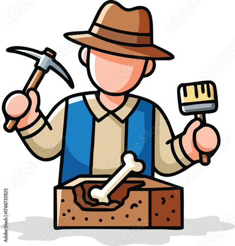 Cartoon Archaeologist In Khaki Hat And Blue Vest Excavating Bone Fossil With Pickaxe And Brush