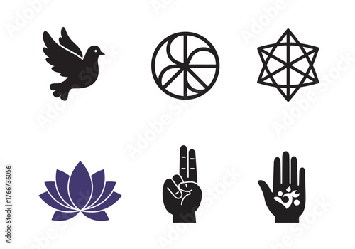 Collection of Spiritual and Symbolic Icons: Dove Wheel Star Lotus Hand Gestures.