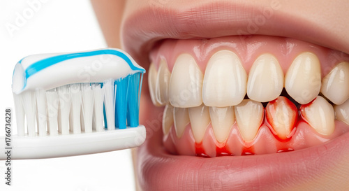 Gum Bleeding Concept – Toothbrush Near Mouth with Toothpaste Close-up