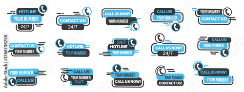 Hotline and contact banners for communication. Phone icons with urgent message style. Modern shapes for customer support label