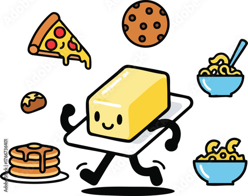 Animated Butter Character Surrounded by Breakfast Foods and Snacks with Playful Design