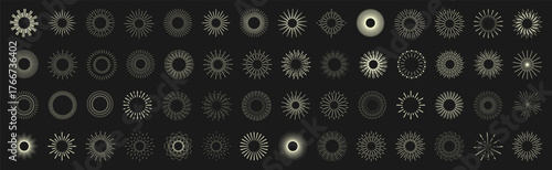 Sunburst elements with light rays. Radiant circular symbols for highlight and magic effect. Useful for retro and spiritual themes
