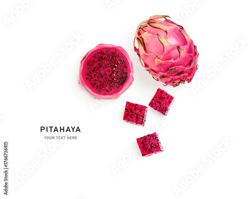 Red dragon tropical fruit composition isolated on white background. Flat lay photography