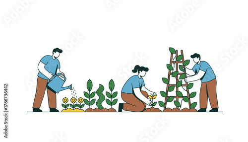 Three people are working together, planting, watering, and tending to various stages of plant growth in a garden, illustrating teamwork and agricultural development