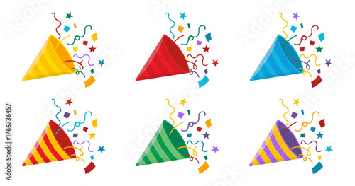 Confetti party poppers collection bursting with stars and colorful ribbons
