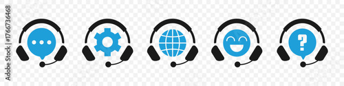 Call center icons with headphones and blue symbols. Customer support communication and service headset collection