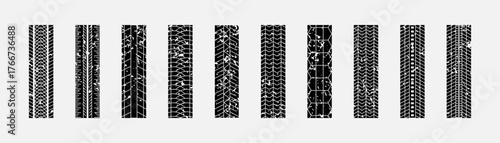Tire track collection with worn texture and grunge marks. Various wheel tread patterns symbolizing speed and traction