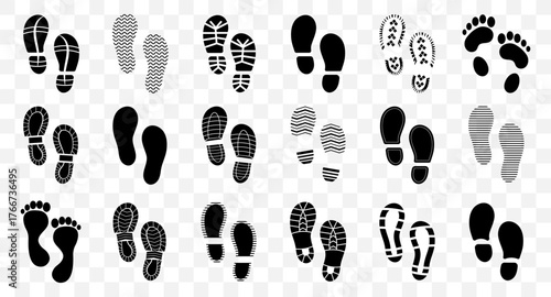 Footprint icons in black silhouette with shoe and barefoot variations. Walking path representing travel and motion