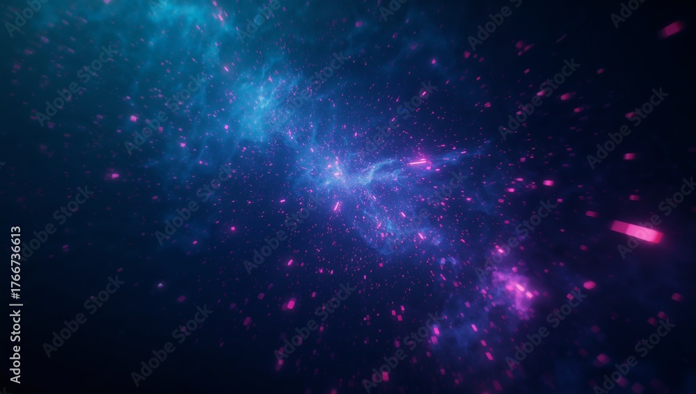 Obraz premium Swirling neon blue and magenta particles radiating through cosmic nebula, with pixel fragments