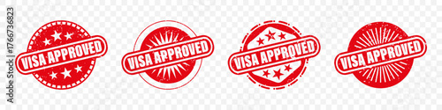 Visa approved red stamp collection with grunge texture and round shapes. Travel and immigration approval icons in bright tone