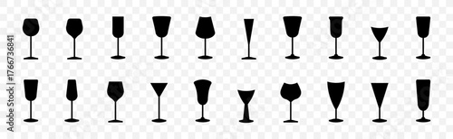Wine and cocktail glass silhouettes. Drinkware icons for bar menu and alcohol packaging. Clean black shapes for celebration and party themes