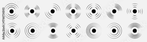 Sound wave icons in radio and audio style. Signal symbols for broadcasting, internet and communication. Minimal black graphics for media concepts