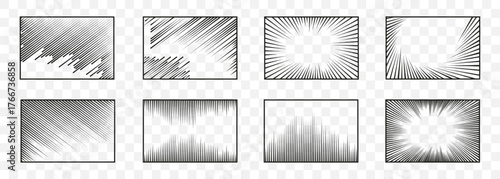 Comic frame background collection with dynamic line effects. Black and white speed panels for manga and motion design