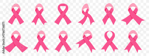 Pink ribbon icons for breast cancer awareness. Charity symbols supporting health and hope. Minimal pink graphics for medical campaigns