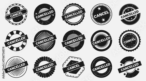 Cancelled stamps with grunge style. Rejected and invalid symbols for administration and finance. Rough textures for official warning