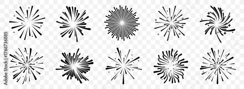 Firework icons in festive style. Different explosion shapes for celebration themes. Perfect for parties and holiday events