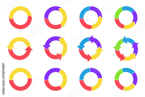 Colorful arrow cycle charts. Circular infographic elements for process and workflow topics. Useful for presentations and business content