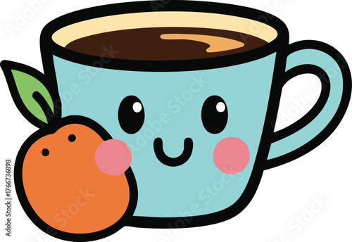 Cute Cartoon Coffee Cup With Orange Slice and Smiling Face Kawaii Style