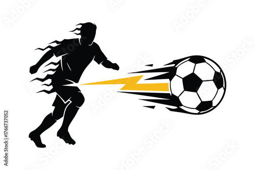 Dynamic Soccer Player Silhouette Kicking Ball with Lightning Bolt Speed Power Action Vector Graphic