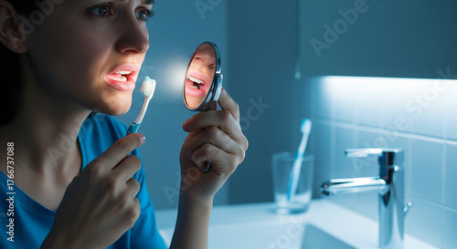 Dental Hygiene Awareness – Person Checking Gums under Cool Bathroom Light