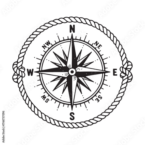 Nautical Compass Rose with Rope Border Outline.