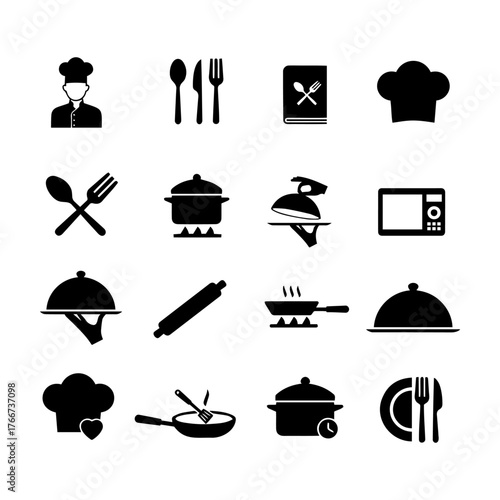Collection of black and white icons representing cooking and kitchen utensils