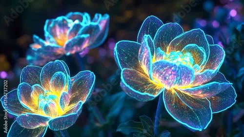 Brightly colored glowing flowers under dark background create a striking visual effect at night