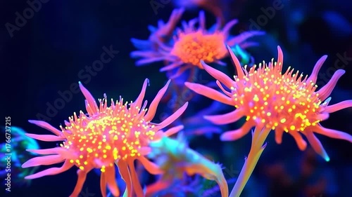 Brightly colored glowing flowers under dark background create a striking visual effect at night