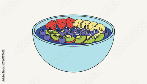 Smoothie bowl filled with vibrant blueberries, strawberries, kiwi, and banana slices, representing a nutritious and healthy breakfast or snack option, presented as an appealing illustration