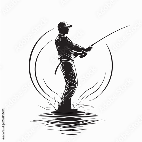 Silhouette of Fisherman Catching Fish on Lake Vector Design