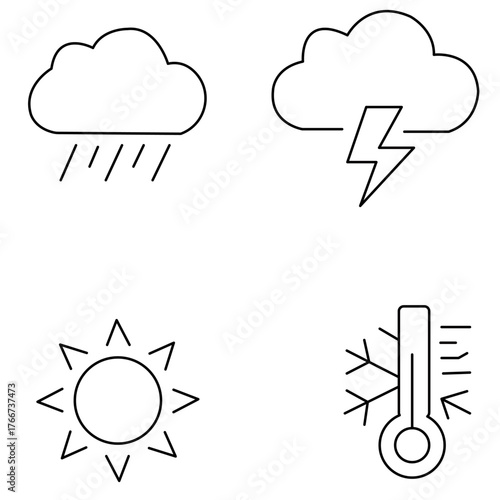 Weather line icon set – rain cloud, thunderstorm, sun, and temperature thermometer symbols