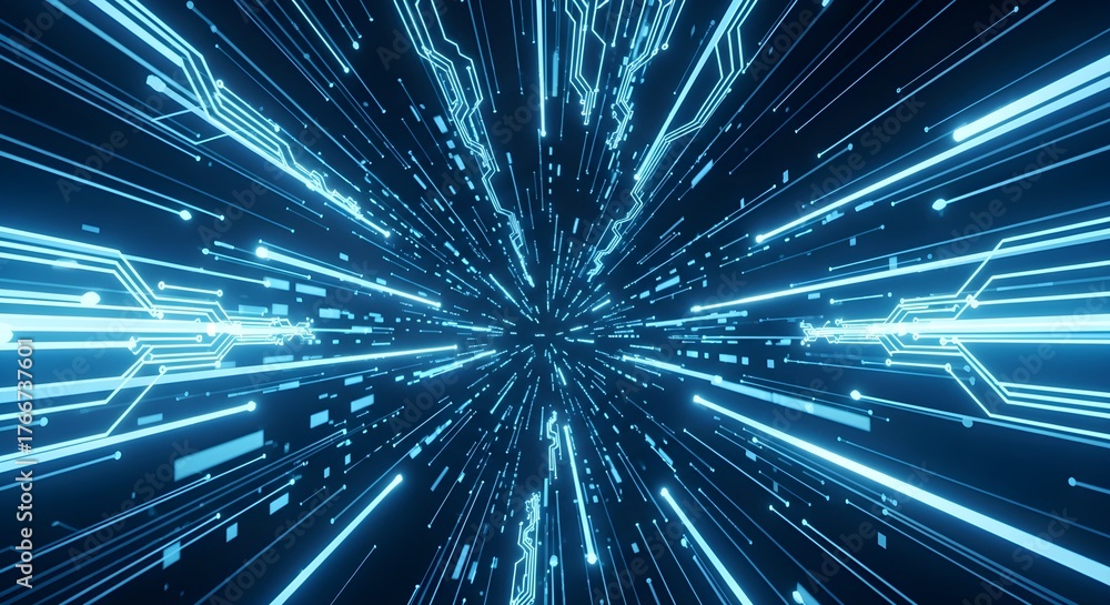 Naklejka premium Futuristic Digital Data Tunnel Speeding Through Circuit Board Lines - Abstract Blue Neon Technology Background for Global Network and Big Data Concept